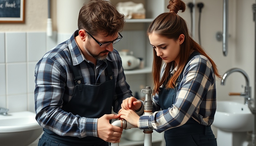 Experienced plumber teaching apprentice in hands-on workshop, showing investment in technology for apprenticeships.