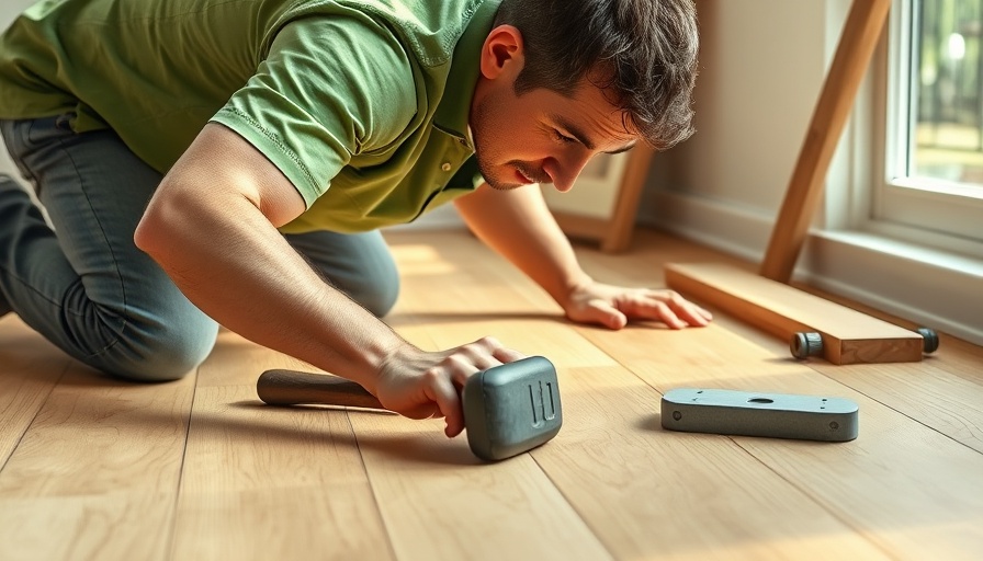 Focused man in green shirt installing flooring, tools around.