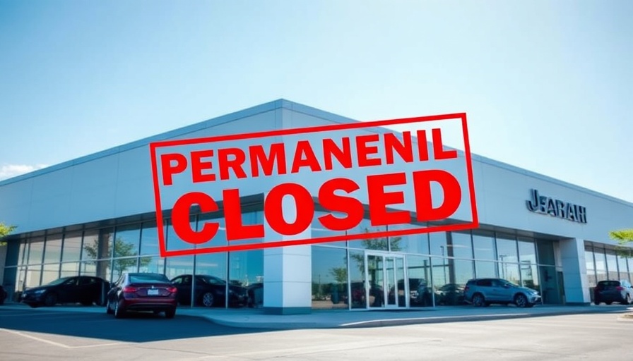Closed car dealership with 'Permanently Closed' sign, bright day.