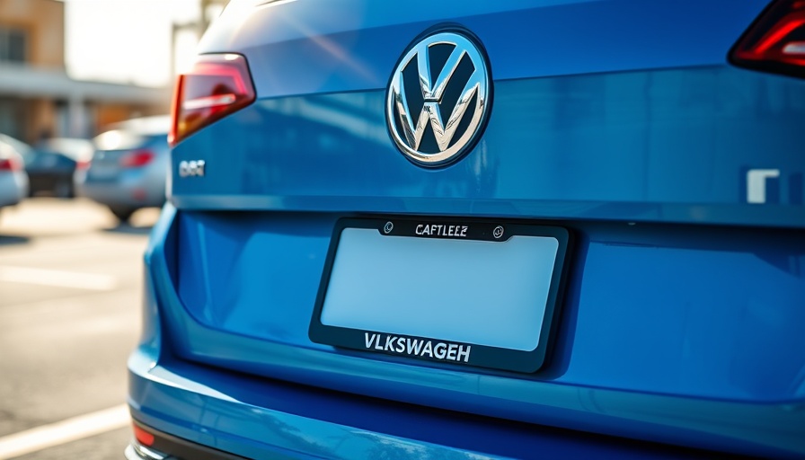Blue Volkswagen with blurred personalized license plate in sunlight.