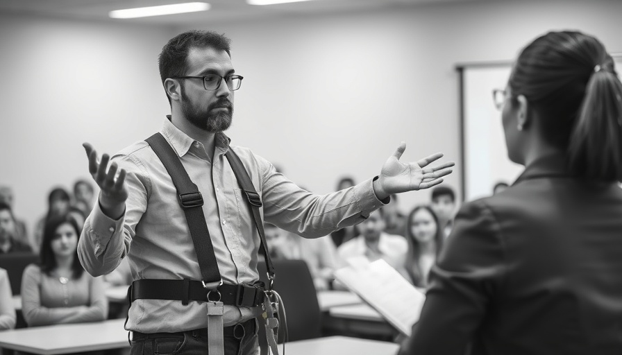 Safety trainer demonstrating harness in safety training session.