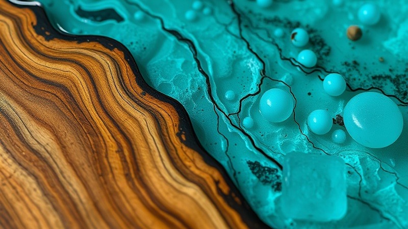 Close-up of aqua river epoxy art with olive wood, showcasing intricate designs.