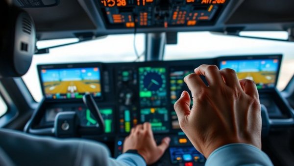 Aircraft cockpit with Autoland emergency landing display.