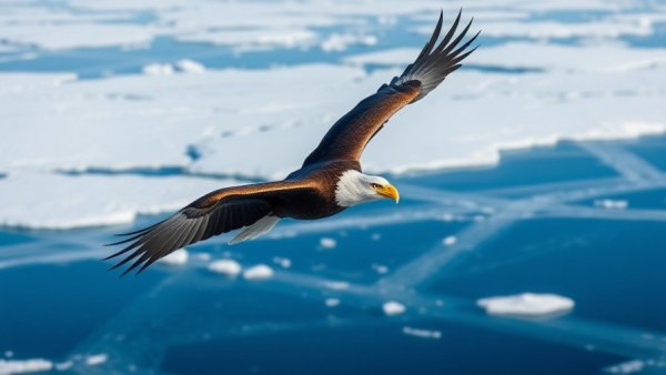 Bald eagles in Colorado soaring over icy lake.