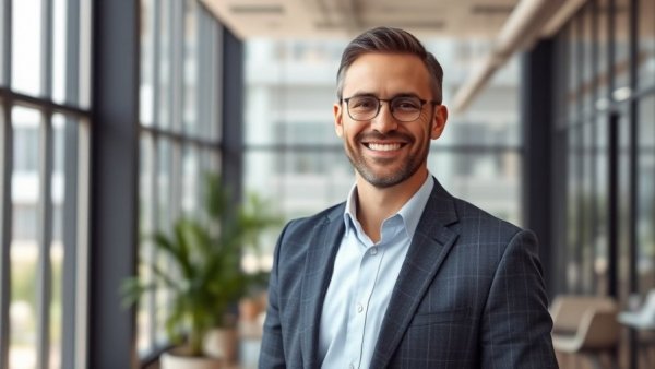 Businessman in casual attire smiling confidently in office, representing Evergreen Real Estate Group growth despite economic concerns.