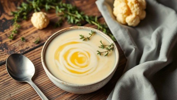 Elegant cauliflower bisque with lemon thyme oil, garnished with thyme.