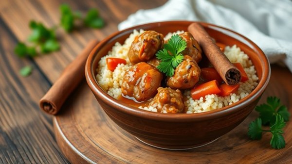 Moroccan chicken stew with couscous in a ceramic bowl on wooden table