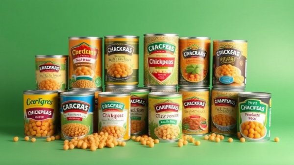 Artful display of best canned chickpeas with vibrant labels on green.