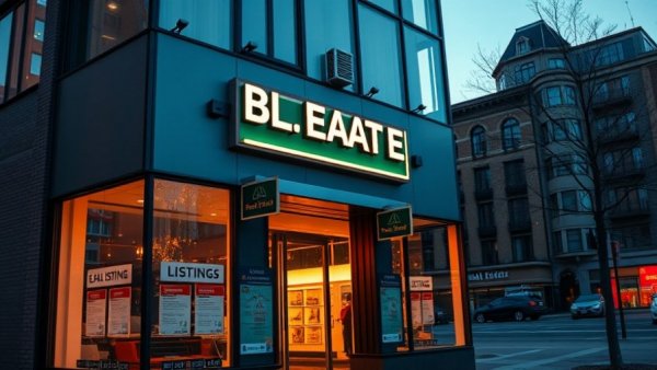 Cortez real estate office with illuminated sign at dusk.