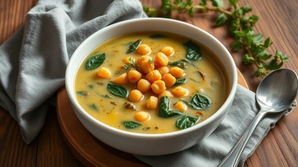 Lemony chickpea and spinach soup in a white bowl on a rustic table.