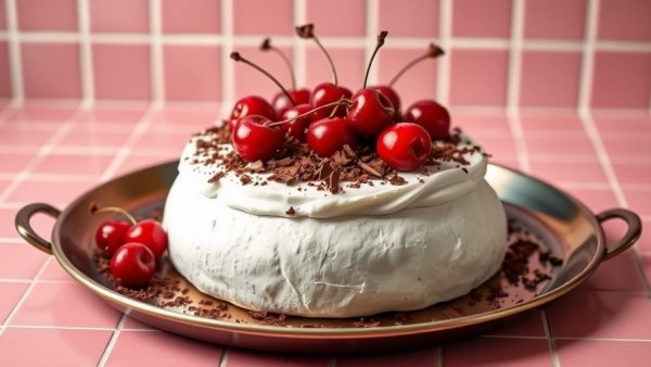 Pavlova with cherries and chocolate, perfect for a Pavlova Recipe Podcast.