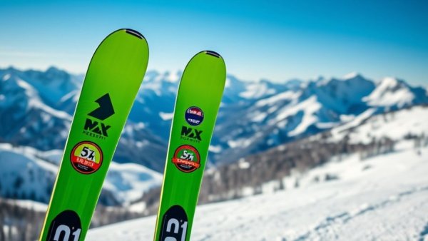 Green skis with resort stickers in a snowy mountain town setting, Best U.S. Ski Towns for Year-Round Living.