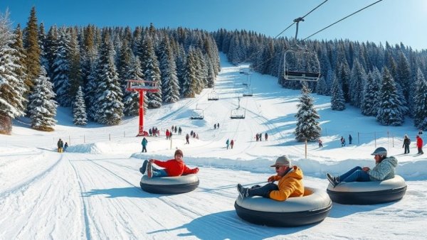Ski resort in Colorado with snow tubing hills and ski lift.