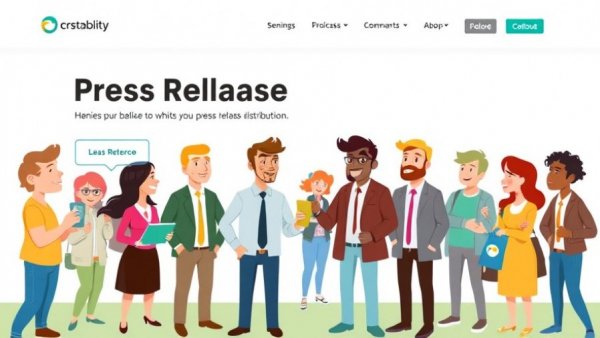 Press release distribution services promotional banner with cartoon characters.