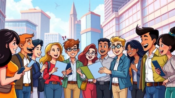 Webpage illustrating sharing news effectively with animated group engagement.