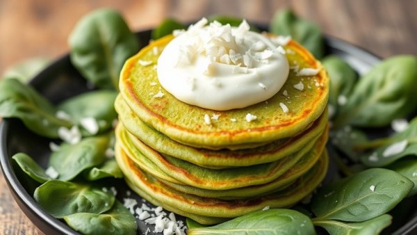 Delicious green pancakes with creamy topping and spinach.