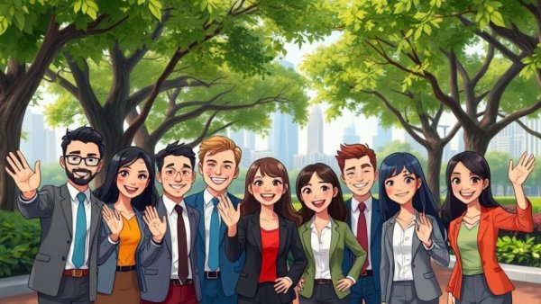 Animated group in park for Press Release Distribution Services ad.