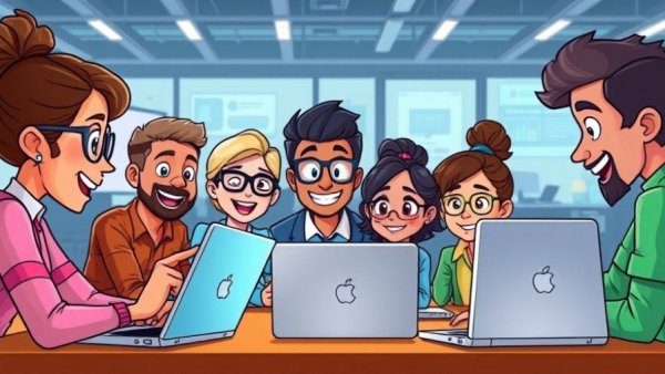 Cartoon of diverse group discussing press release services digitally.