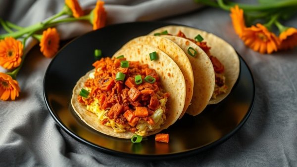 Kimchi mid-day breakfast tacos with eggs and green onions on a black plate.