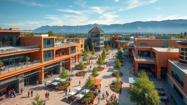 Aerial view of modern mixed-use development in Denver suburbs.