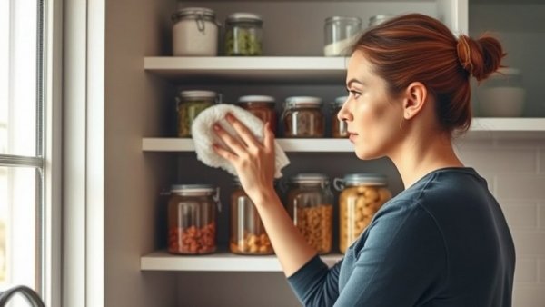 Woman dusting organized kitchen jars, home organization ideas.