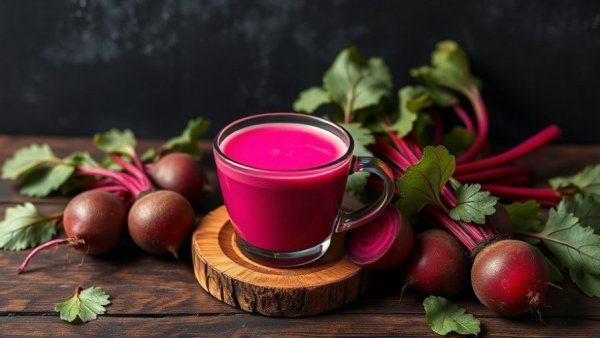Hot pink protein latte with fresh beetroots on dark surface.