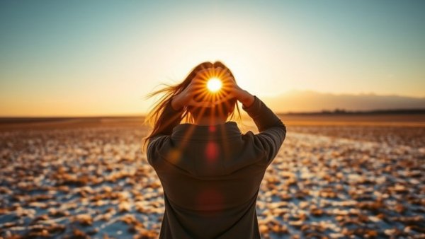 Woman forming heart shape with hands capturing sunlight, natural setting.