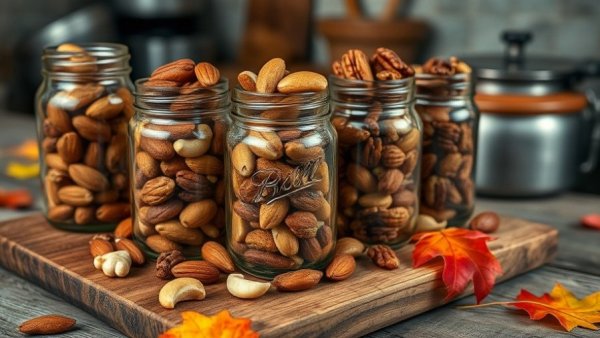 Maple Chili Roasted Mixed Nuts in glass jars on wooden board