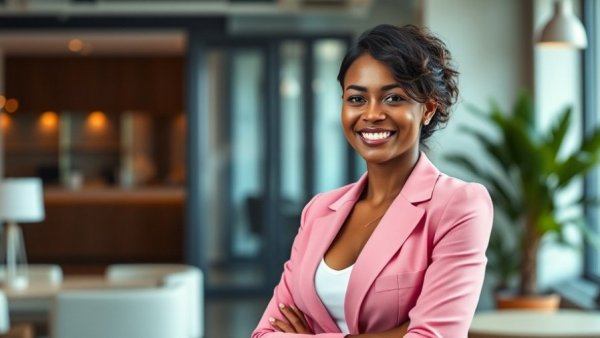 Confident woman in pink blazer smiling, warm office setting.