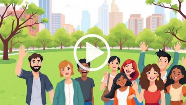 Cartoon diverse group in park setting, smiling and waving.