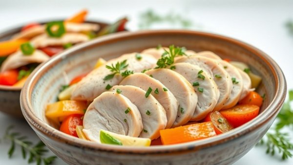 Poached chicken with vegetables in rustic bowls, top-down view.