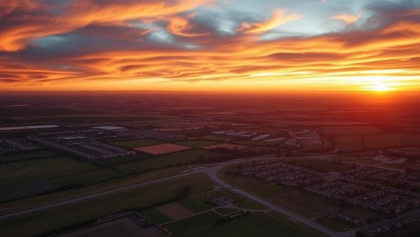 Vibrant aerial view of 900-acre community in Aurora, sunset.