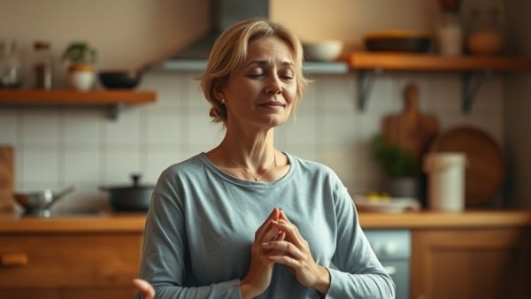 Woman meditating in kitchen, illustrating benefits of being single.