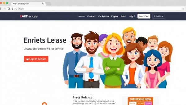 Webpage for press release distribution services with animated characters.