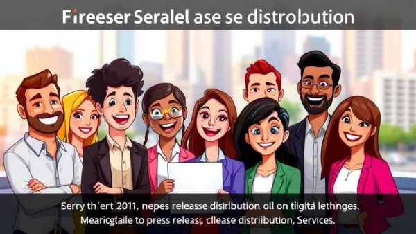 Illustration promoting press release distribution service with diverse professionals.