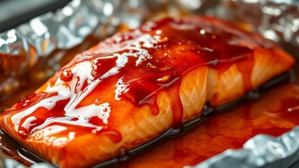 Hot honey glazed salmon with rich amber glaze in a rustic kitchen.