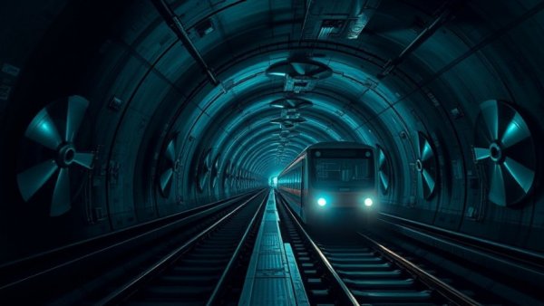 Eerie underground train at Denver airport, mysterious blue lighting