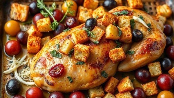 Colorful sheet-pan chicken with grapes and olives, rustic presentation.