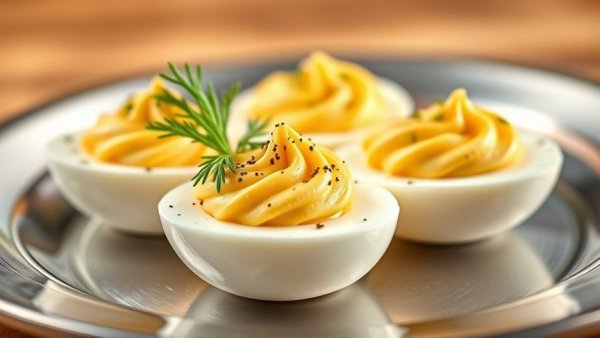Better Deviled Eggs with dill garnish on a tray.