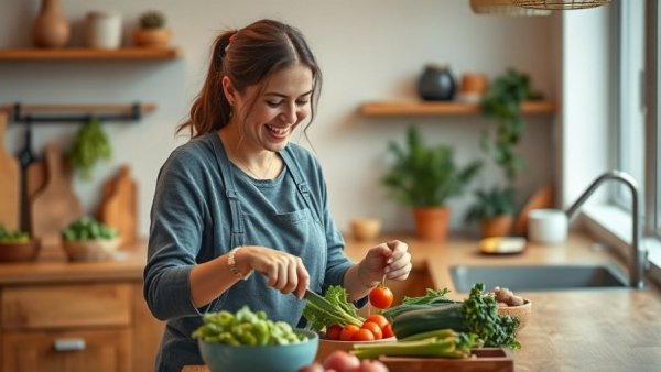 Woman preparing weeknight recipes in a cozy kitchen.