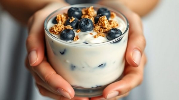 Glass of yogurt with blueberries and granola, fibermaxxing focus.