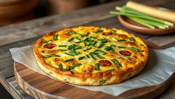 Asparagus frittata recipe with fresh chives on a table