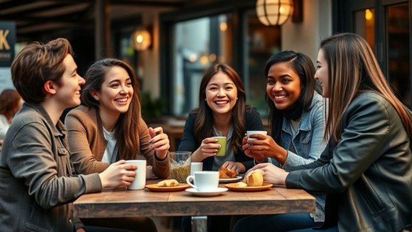 Friends chatting at a cafe, enjoying third places for mental health.