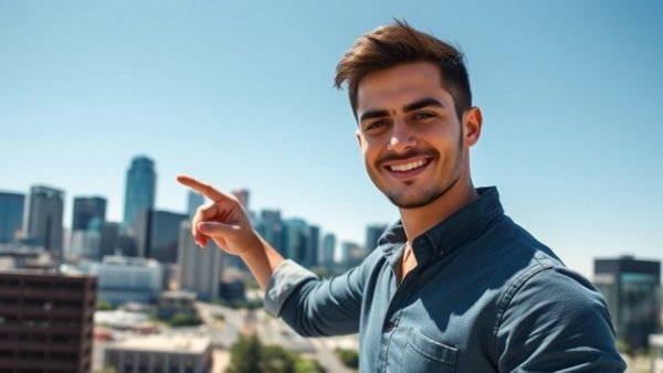 Smiling man pointing at Denver skyline under clear sky.