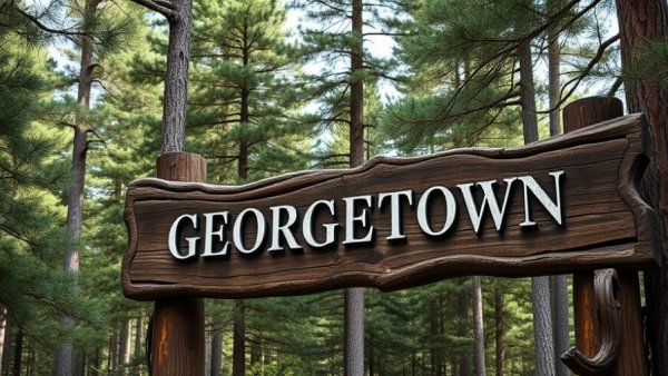 Historic Georgetown sign surrounded by forest in Colorado.