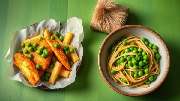 Two dishes showcasing uses for frozen peas: fish & chips, pasta.