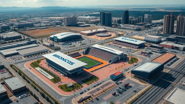 New Broncos HQ and Parker Retail Boom, aerial view with excited discussion.