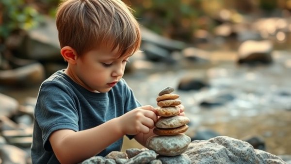 Young boy practicing eco wellness by stone stacking in nature.