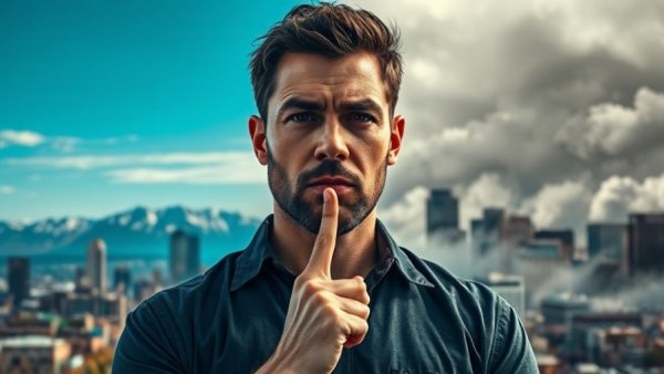 Pros and cons of living in Denver, depicted with contrasting cityscapes and thoughtful man.