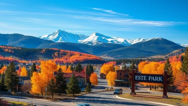 Scenic Estes Park Colorado landscape with mountains and colorful trees.